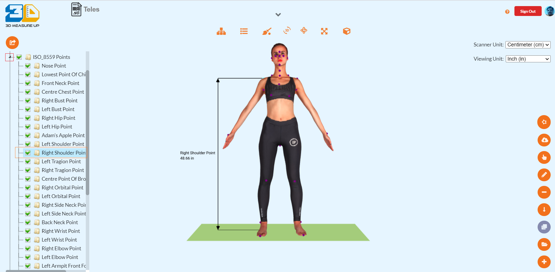 How to use the measurement tree to show, hide, and export landmarks and measurements in 3D Measure Up Web Application